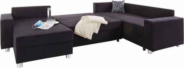 Canapé convertible et réversible panoramique PARIS avec coffre de rangement en microfibre noir – Image 3