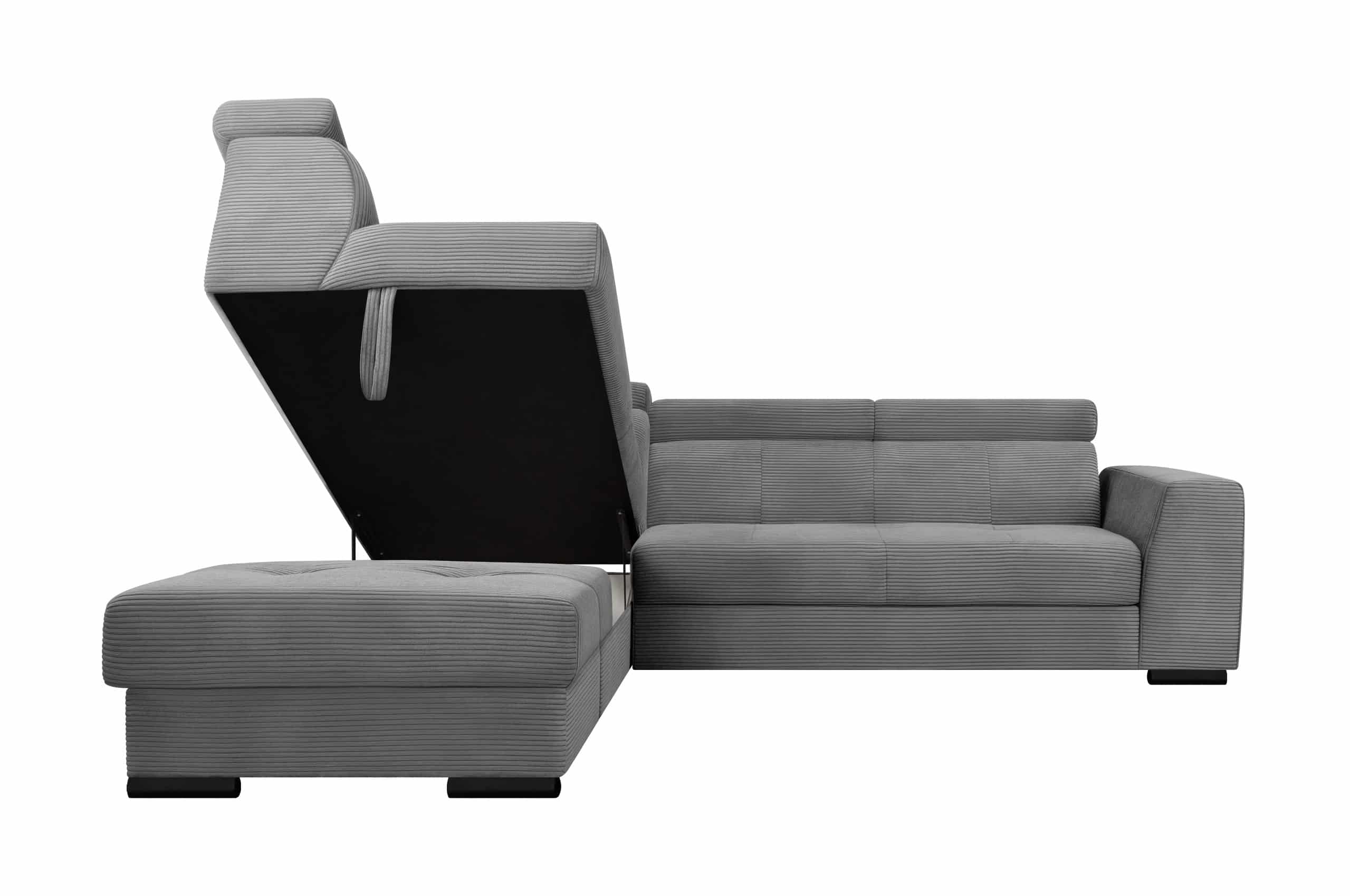 Canapé d'angle gauche ou droit convertible SPRINT têtières réglables avec coffre de rangement et un pouf ranger devant en côtelé gris – Image 5