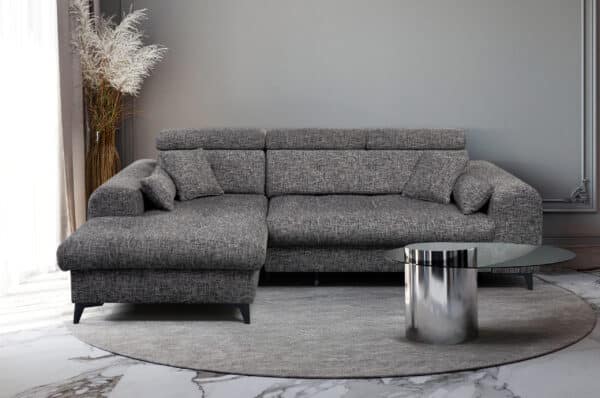 Canapé angle convertible  ELETRA angle gauche ou angle droit avec coulisse électrique et têtières réglables en tissu gris – Image 2
