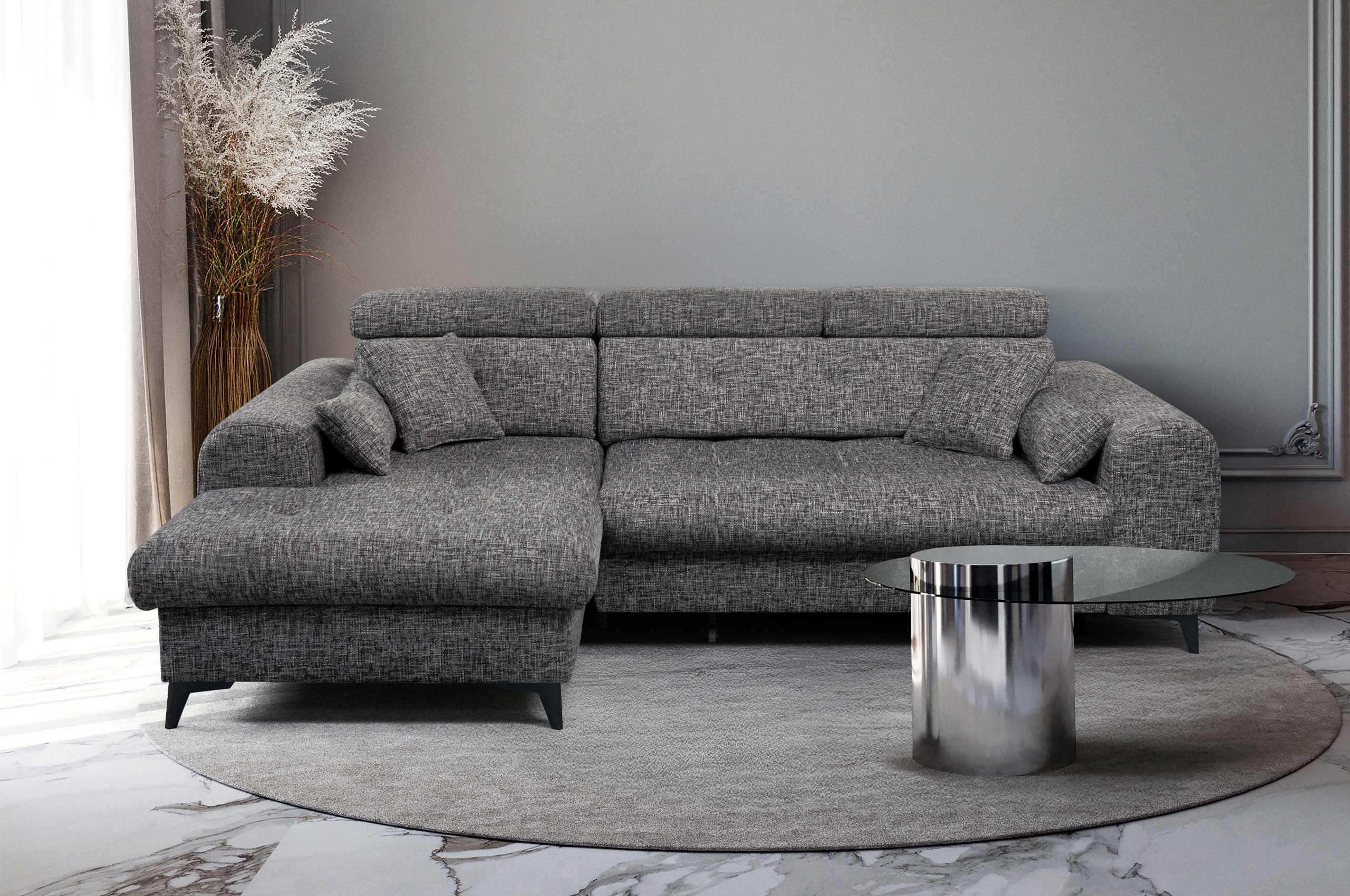 Canapé angle convertible  ELETRA angle gauche ou angle droit avec coulisse électrique et têtières réglables en tissu gris – Image 2