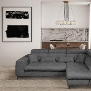 Canapé angle convertible  ELETRA angle gauche ou angle droit avec coulisse électrique et têtières réglables en tissu gris