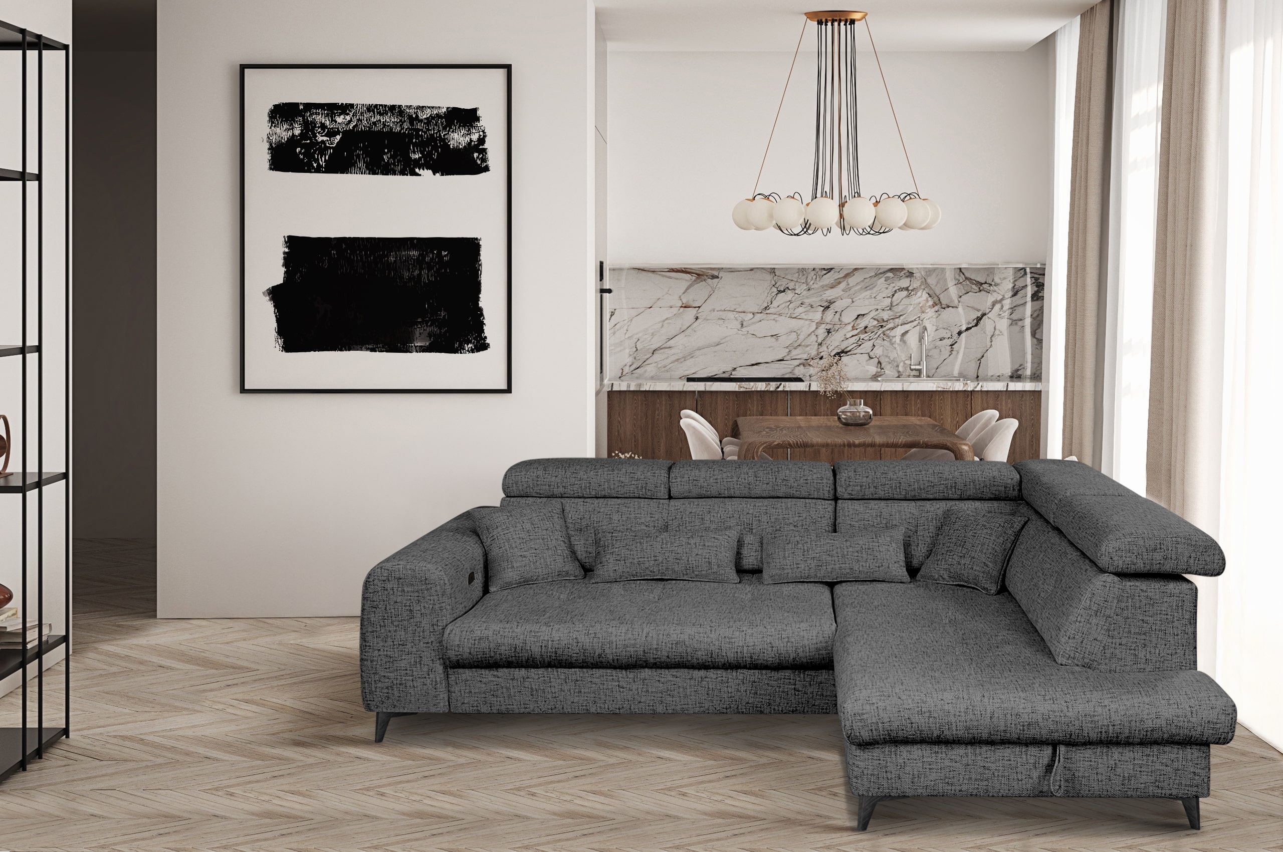 Canapé angle convertible  ELETRA angle gauche ou angle droit avec coulisse électrique et têtières réglables en tissu gris