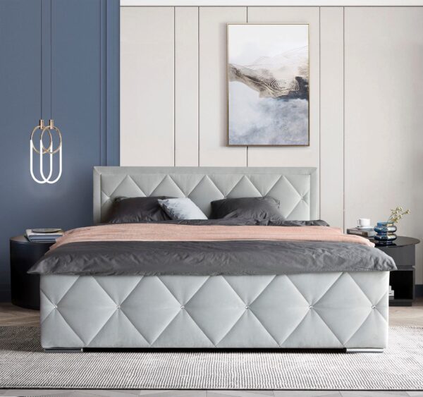 Lit coffre “ALICE” 180 x 200 avec matelas et Surmatelas en tissu gris clair
