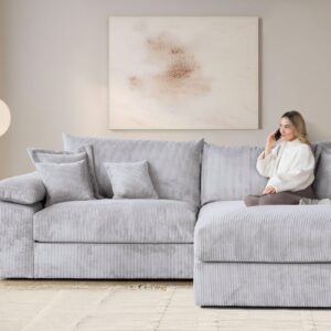 Canapé d’angle réversible Soft&Cosy XXL : 303 cm en VELOURS Côtelé gris clair