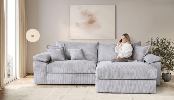 Canapé d’angle réversible Soft&Cosy XXL : 303 cm en VELOURS Côtelé gris clair