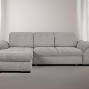 canapé angle convertible gauche ou droit BELISA avec coffre de rangement et têtière réglable en tissu gris perle