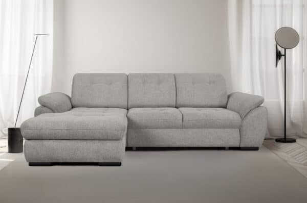 canapé angle convertible gauche ou droit BELISA avec coffre de rangement et têtière réglable en tissu gris perle