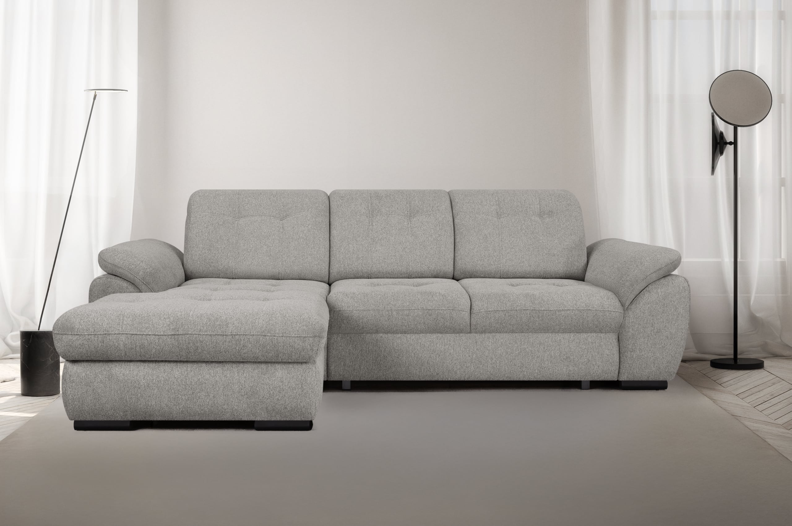 canapé angle convertible gauche ou droit BELISA avec coffre de rangement et têtière réglable en tissu gris perle