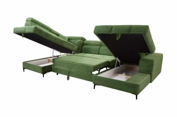 Canapé panoramique convertible  angle gauche ou droit ASTI 2 avec 2 coffre de rangement et têtières réglables en velours côtelé vert – Image 4