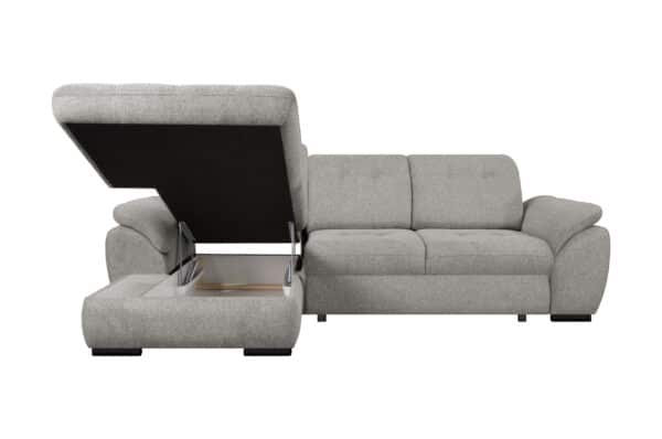 canapé angle convertible gauche ou droit BELISA avec coffre de rangement et têtière réglable en tissu gris perle – Image 4