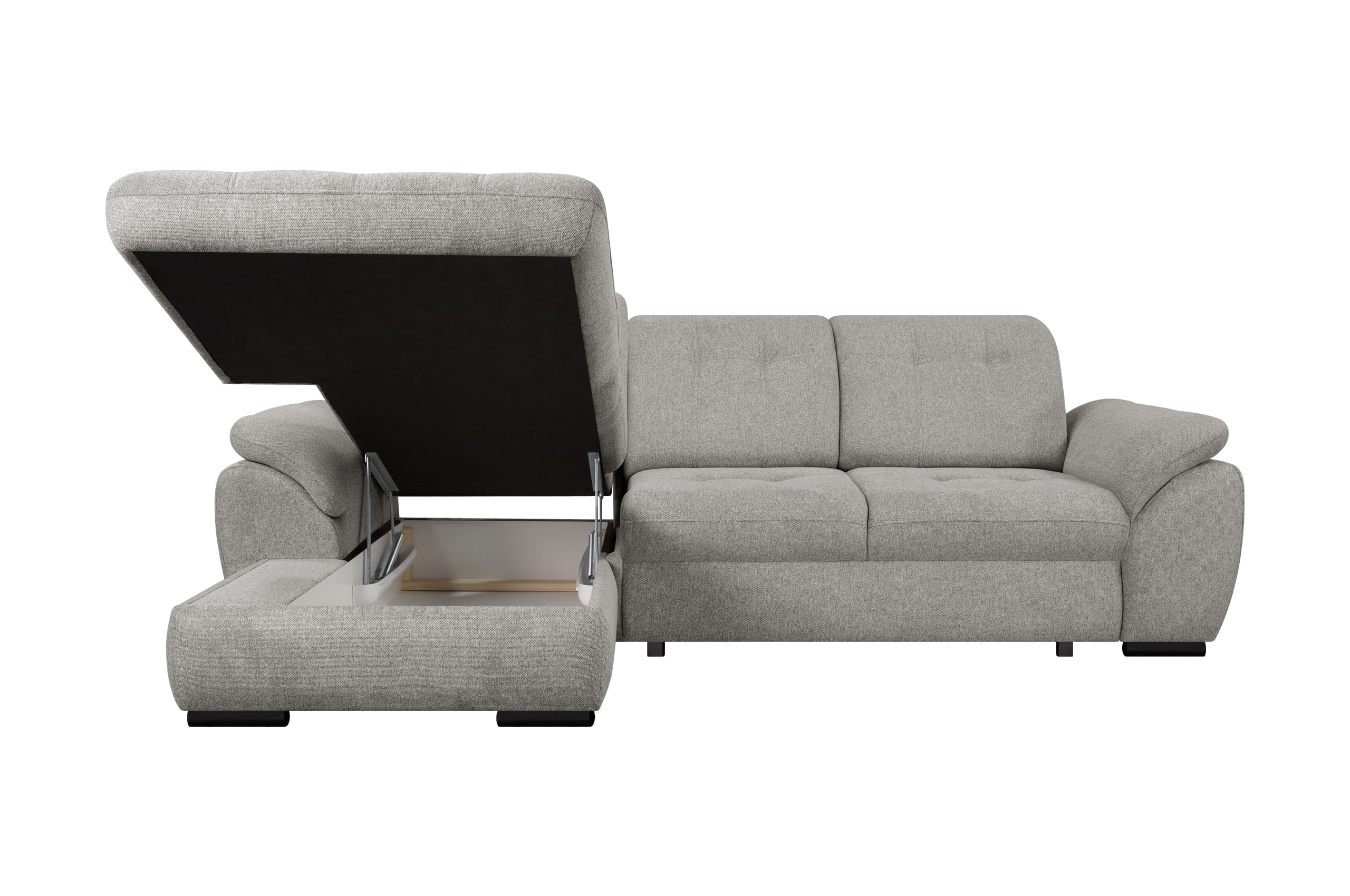 canapé angle convertible gauche ou droit BELISA avec coffre de rangement et têtière réglable en tissu gris perle – Image 4