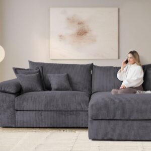 Canapé d’angle réversible Soft&Cosy XXL : 303 cm en VELOURS Côtelé gris anthracite