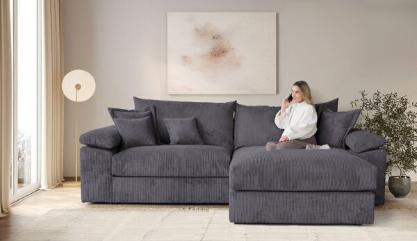 Canapé d’angle réversible Soft&Cosy XXL : 303 cm en VELOURS Côtelé gris anthracite
