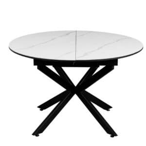 Table ronde extensible céramique blanche 120 / 160 cm pied métal noir