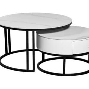 Table basse élégante en métal et pierre sintérisée 80 x 80 x 45 cm Blanc marbré pied noir élégant