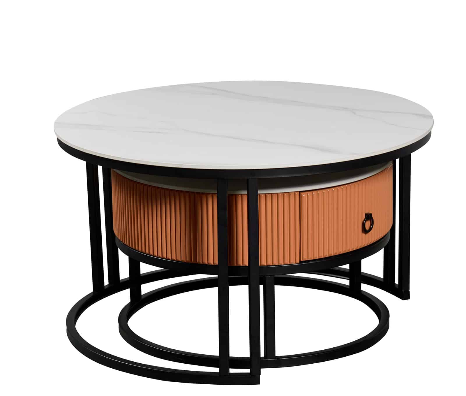 Table basse élégante en métal et pierre sintérisée 80 x 80 x 45 cm Blanc marbré et orange pied noir élégant – Image 2