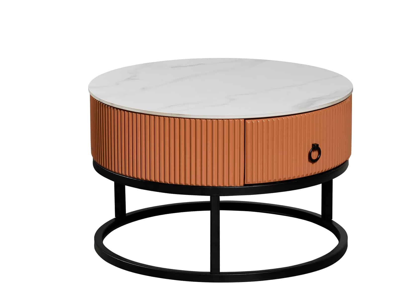 Table basse élégante en métal et pierre sintérisée 80 x 80 x 45 cm Blanc marbré et orange pied noir élégant – Image 3