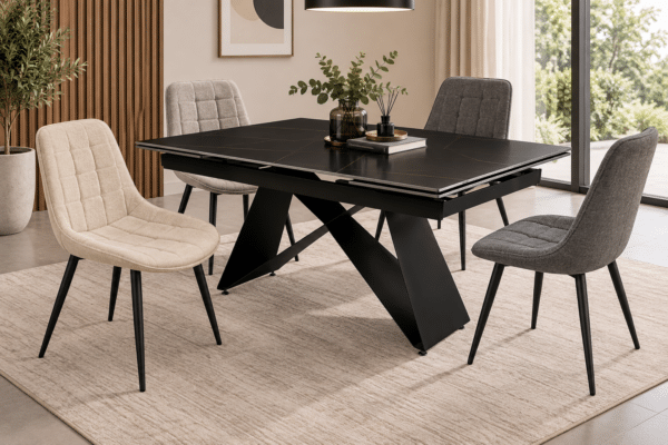 Table à manger extensible ATMINDA 160/200 X 90 X 75cm 6 à 8 personnes en MDF, céramique et métal - Effet marbre gris