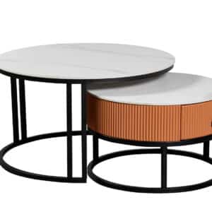 Table basse élégante en métal et pierre sintérisée 80 x 80 x 45 cm Blanc marbré et orange pied noir élégant