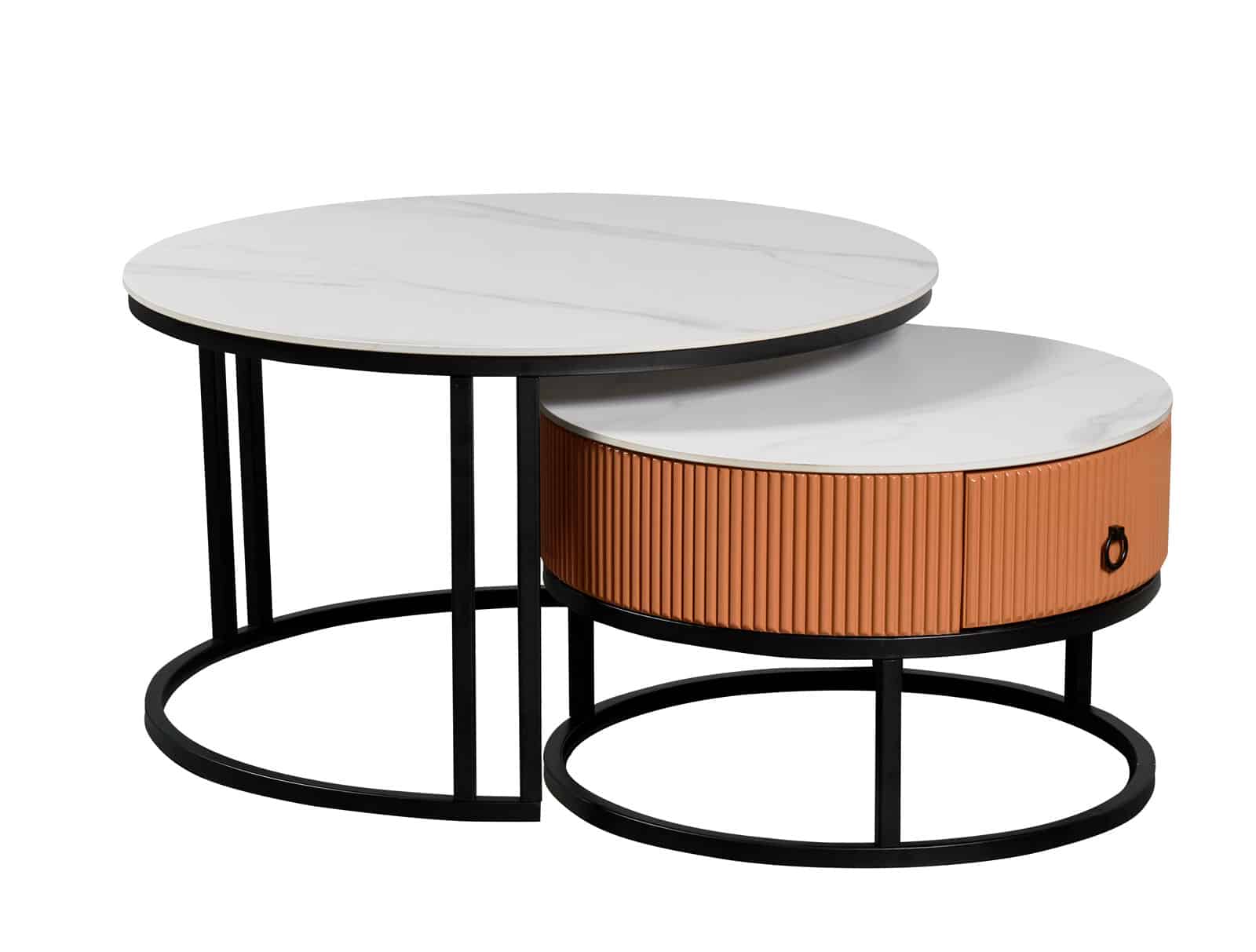 Table basse élégante en métal et pierre sintérisée 80 x 80 x 45 cm Blanc marbré et orange pied noir élégant