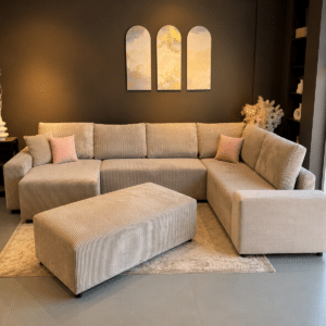 Canapé «Roma» panoramique convertible angle Gauche ou Droite avec pouf en velours côtelé beige