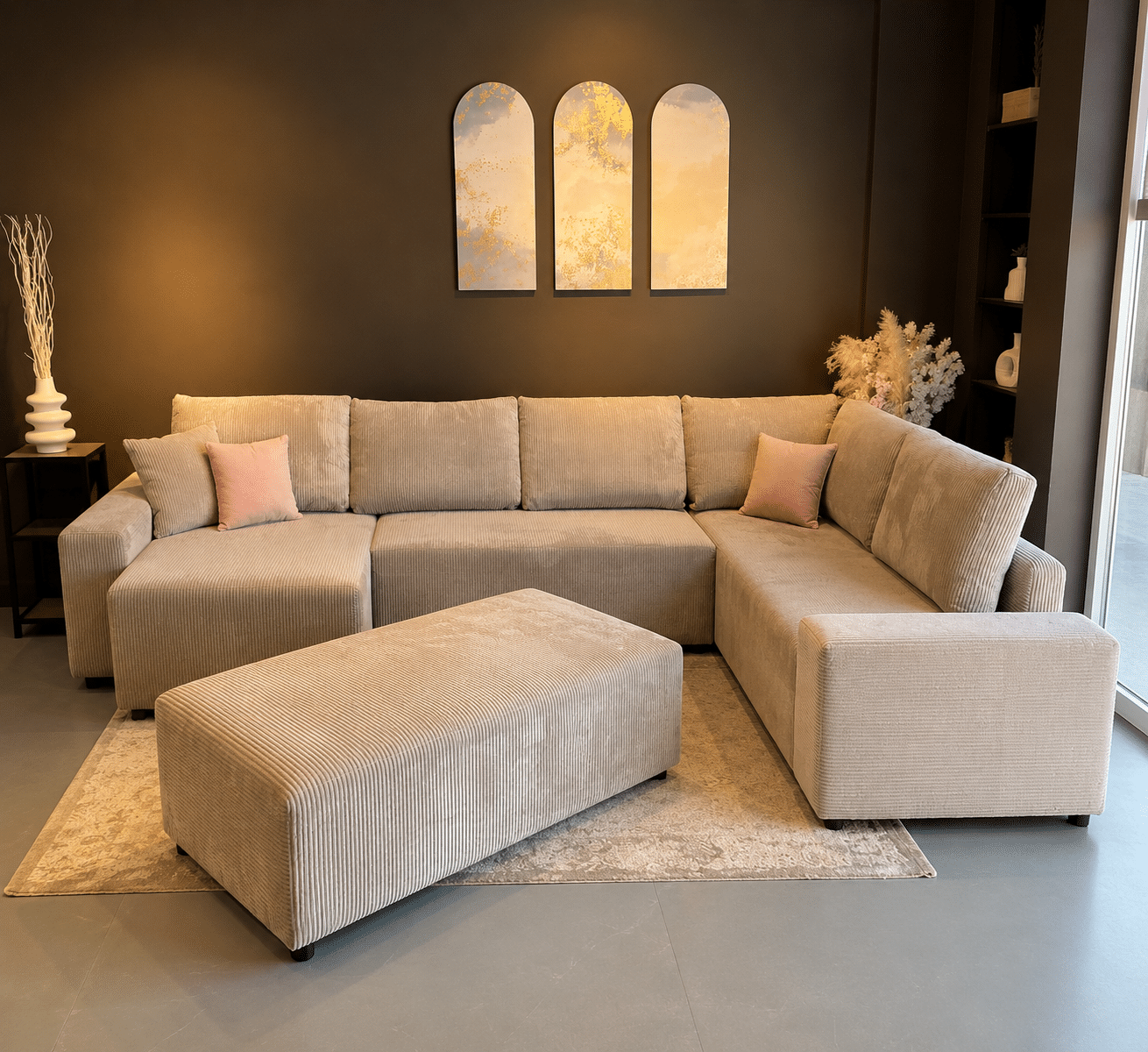 Canapé «Roma» panoramique convertible angle Gauche ou Droite avec pouf en velours côtelé beige