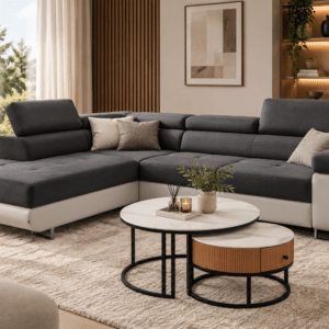 Canapé d’angle convertible LILI avec têtières réglables et coffre de rangement en microfibre gris et simili blanc