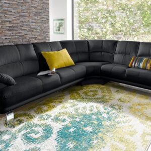 Canapé d’angle Cecilia de style italien, moderne et confortable en  tissu microfibre noir