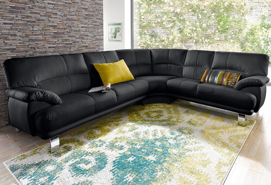 Canapé d’angle Cecilia de style italien, moderne et confortable en tissu microfibre noir