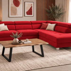 Canapé D'Angle convertible LOTOS avec têtière réglable et coffre de rangement en microfibre rouge