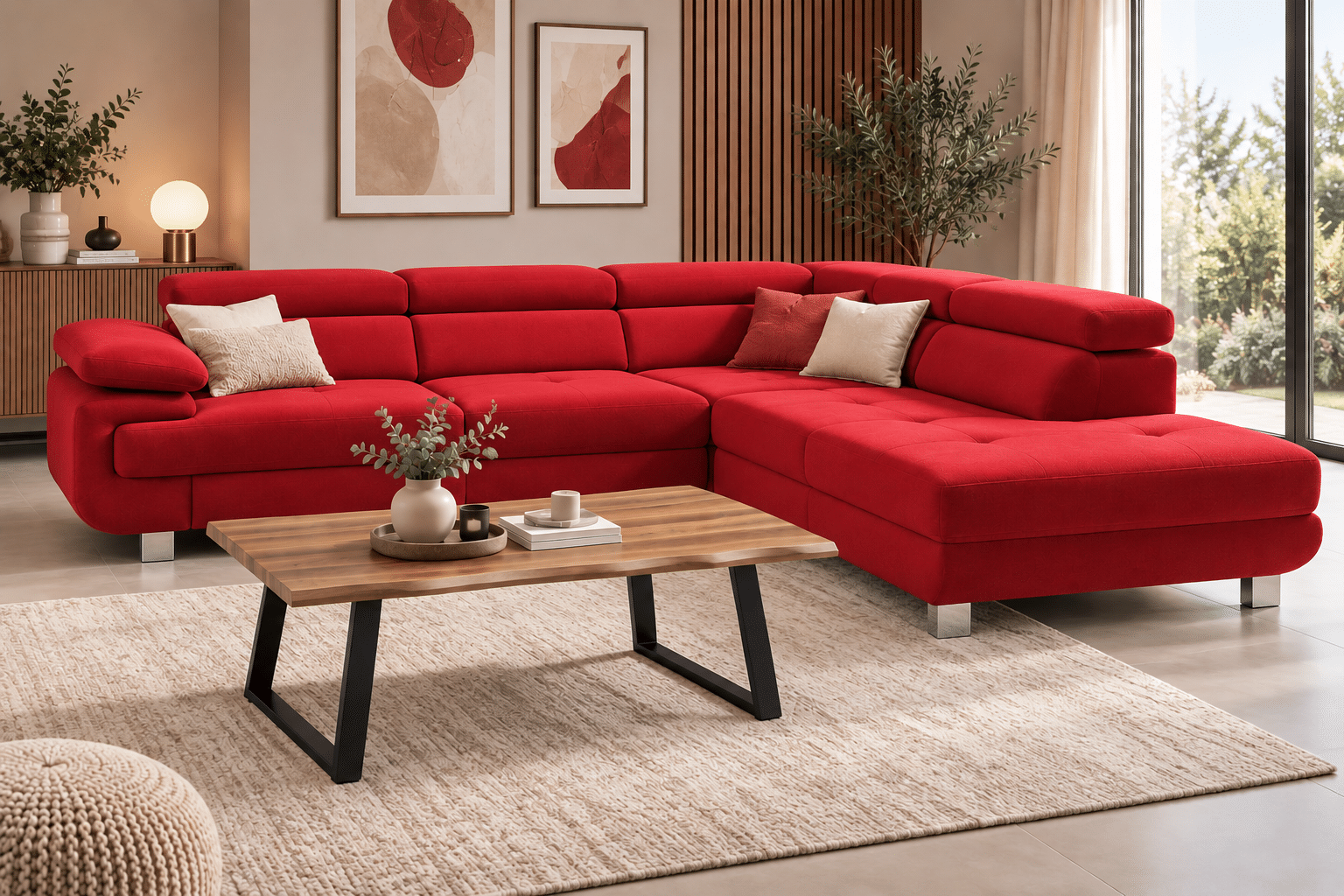 Canapé D'Angle convertible LOTOS avec têtière réglable et coffre de rangement en microfibre rouge
