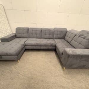 canapé d'angle panoramique convertible avec coffre de rangement et têtières réglables SABRINA en tissu gris