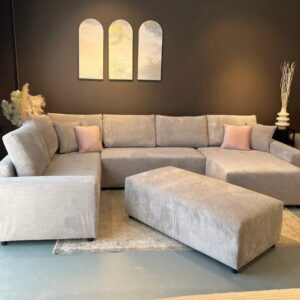 Canapé «Roma» panoramique convertible angle Gauche ou Droite avec pouf en velours côtelé beige