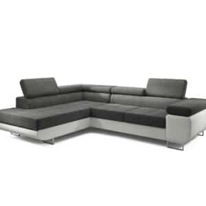 Canapé d’angle convertible LILI avec têtières réglables et coffre de rangement en microfibre gris et simili blanc