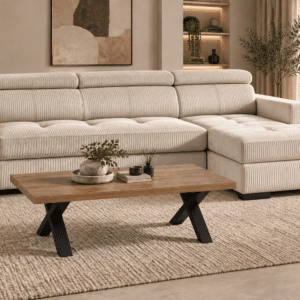 Canapé d'angle convertible et réversible DINA avec têtières réglables et coffre de rangement en velours côtelé beige