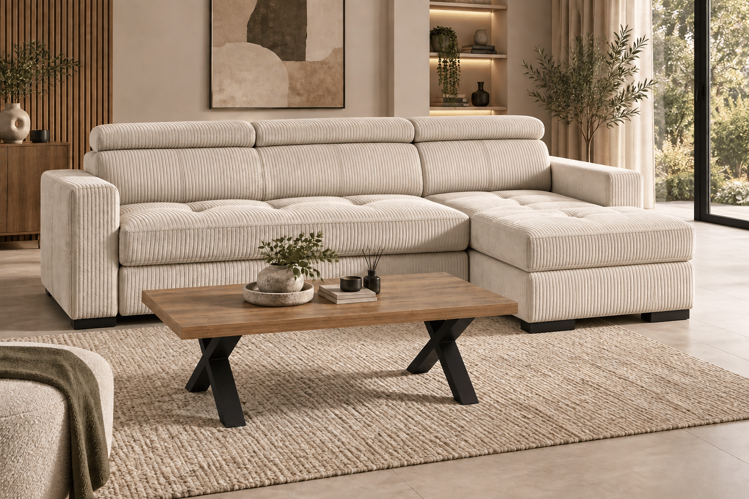 Canapé d'angle convertible et réversible DINA avec têtières réglables et coffre de rangement en velours côtelé beige