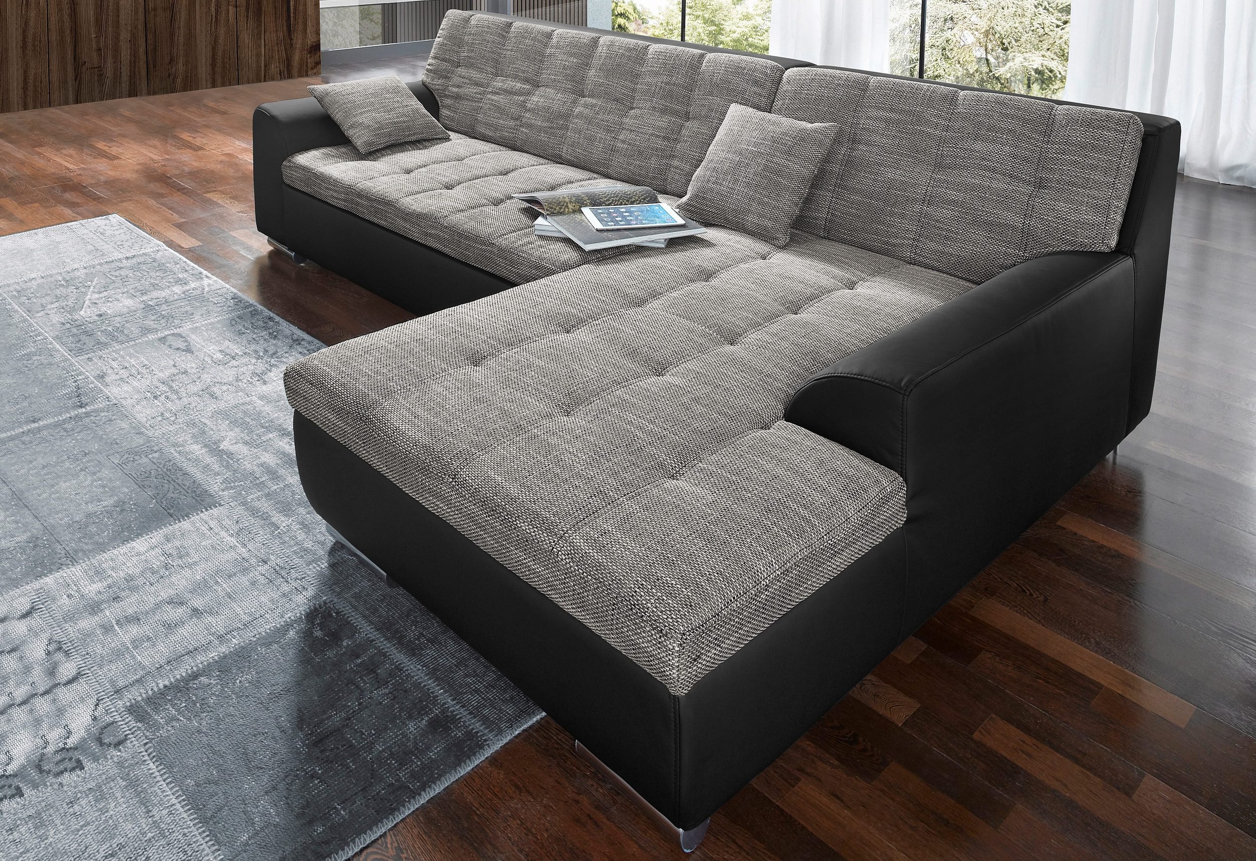 Canapés d’angle convertible Trévise en microfibre noir et tissu gris
