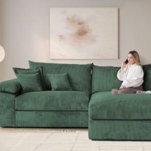 Canapé d’angle réversible Soft Cosy XXL en velours côtelé vert 303 cm