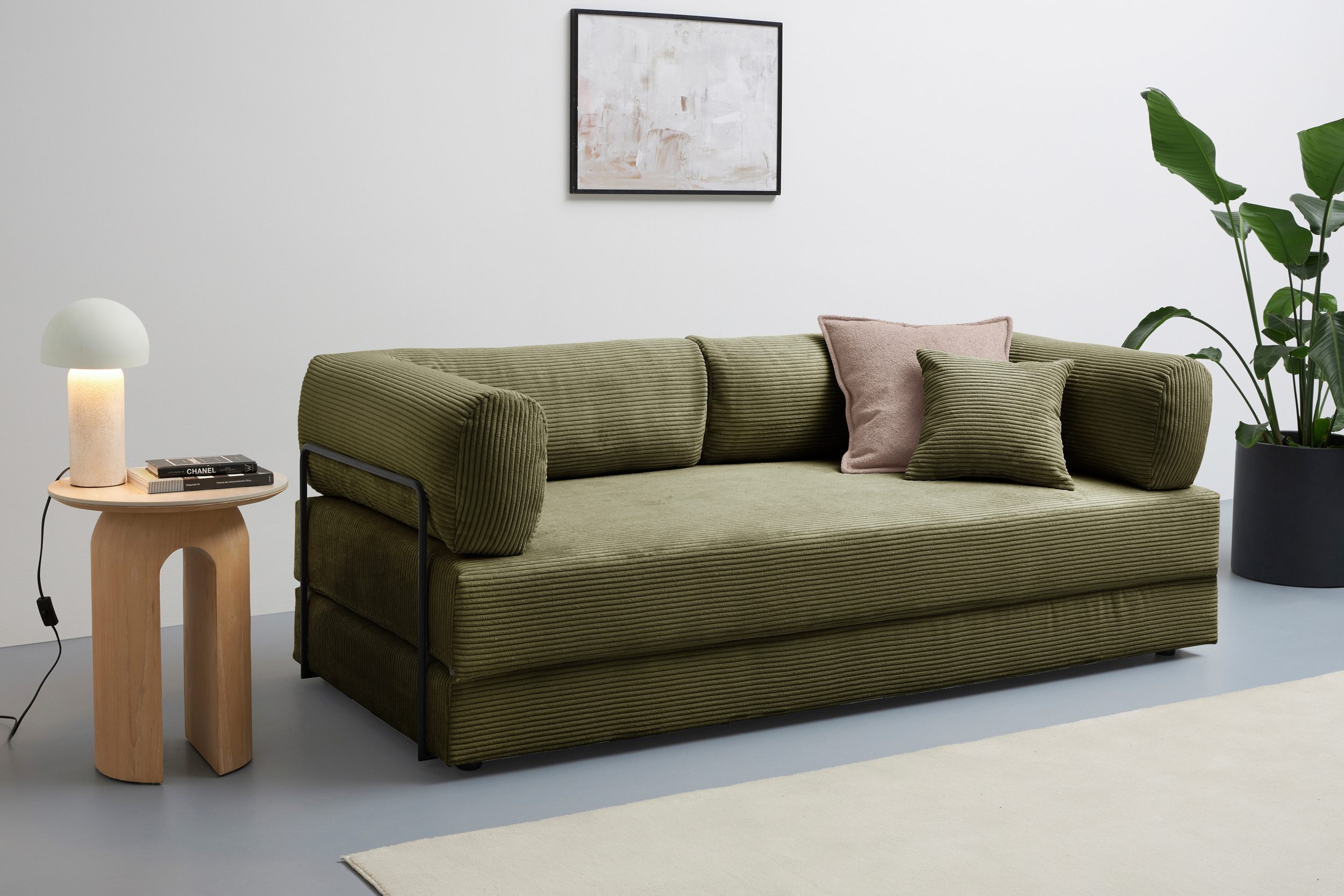 canapé-lit Folda , couchette permanente, largeur 206 cm, surface couchée 181x198 cm en velours côtelé vert olive