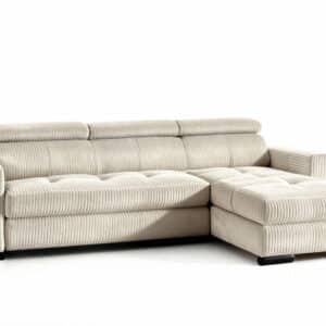 Canapé d'angle convertible et réversible DINA avec têtières réglables et coffre de rangement en velours côtelé beige