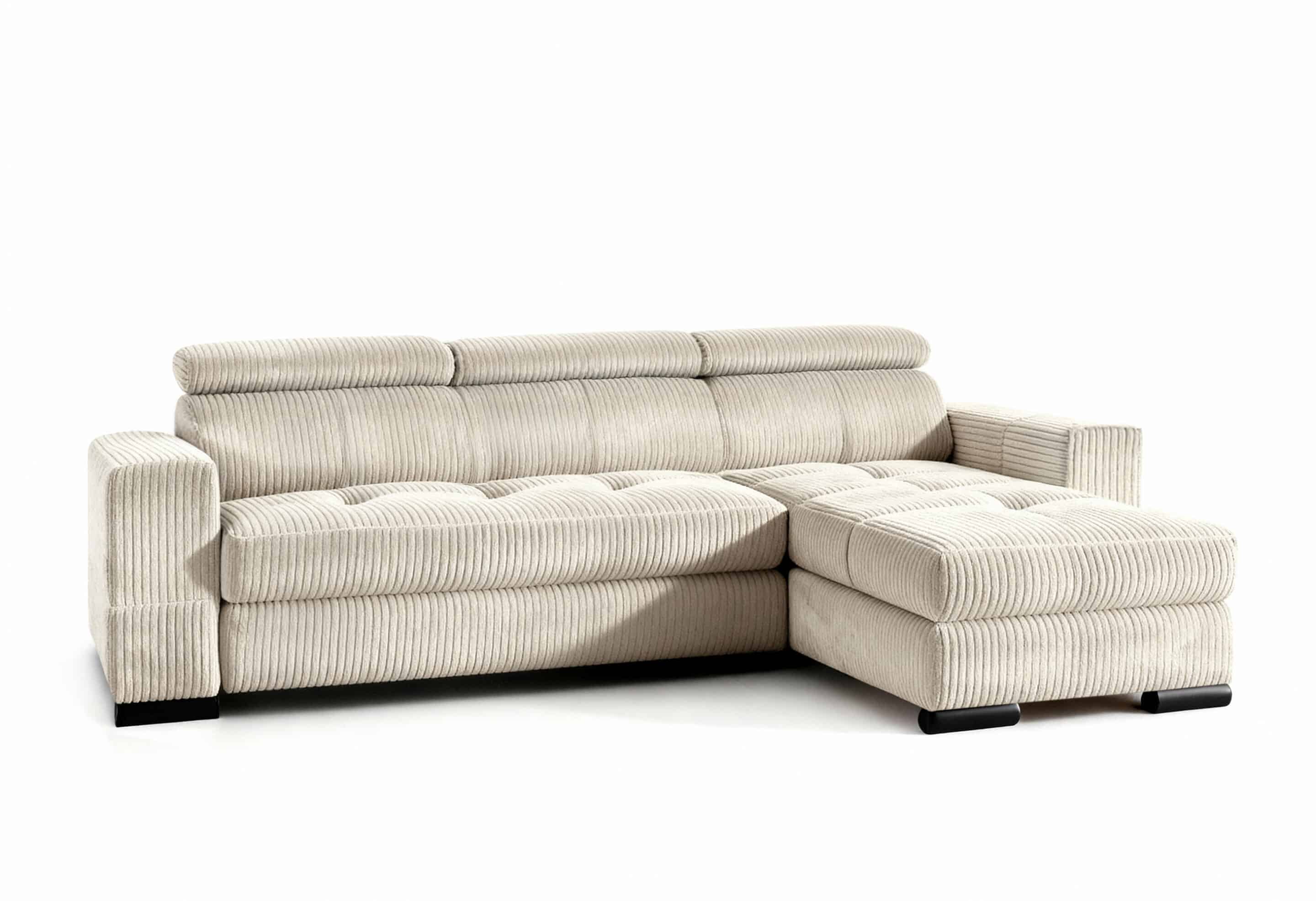 Canapé d'angle convertible et réversible DINA avec têtières réglables et coffre de rangement en velours côtelé beige – Image 2