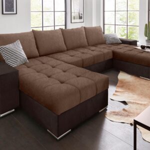 Canapé convertible panoramique Gabriel avec coffre de rangement en microfibre marron et tissu marron