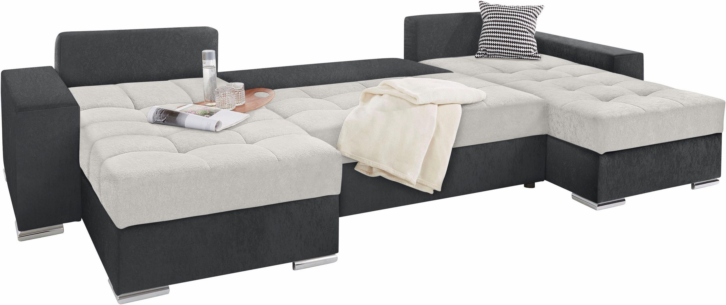Canapé convertible panoramique Josy avec coffre de rangement en microfibre gris anthracite/argent – Image 2
