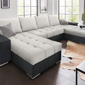 Canapé convertible panoramique Josy avec coffre de rangement en microfibre gris anthracite/argent