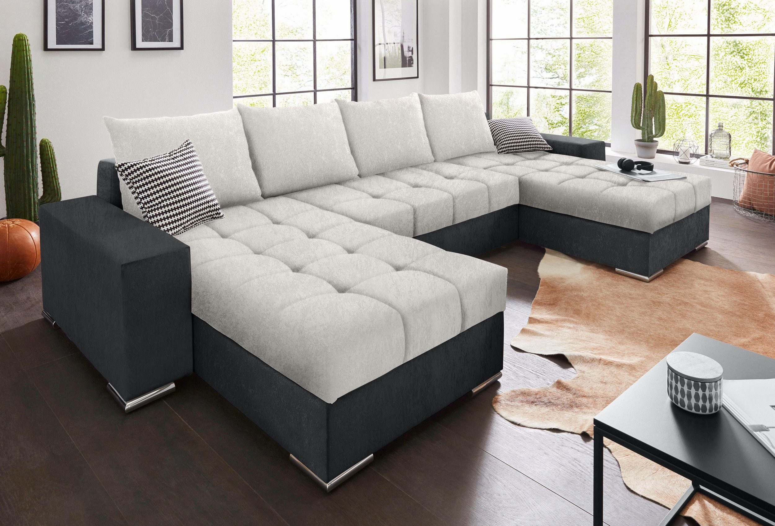 Canapé convertible panoramique Josy avec coffre de rangement en microfibre gris anthracite/argent