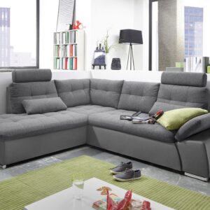 Canapé d’angle convertible Jakarta avec coussins rénaux, d’appuie-têtes et d’un accoudoir ajustable en simili gris et tissu gris