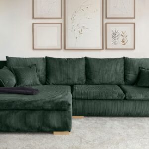 Canapé d’angle convertible et réversible Katja avec coffre de rangement en velours côtelé vert