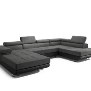Canapé panoramique convertible LILI avec têtières réglables et coffre de rangement en microfibre gris et simili noir