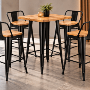 Kosmi Tabouret de Bar en métal Noir Mat Style Industriel avec Dossier et Assise en Bois Clair - Hauteur 66cm