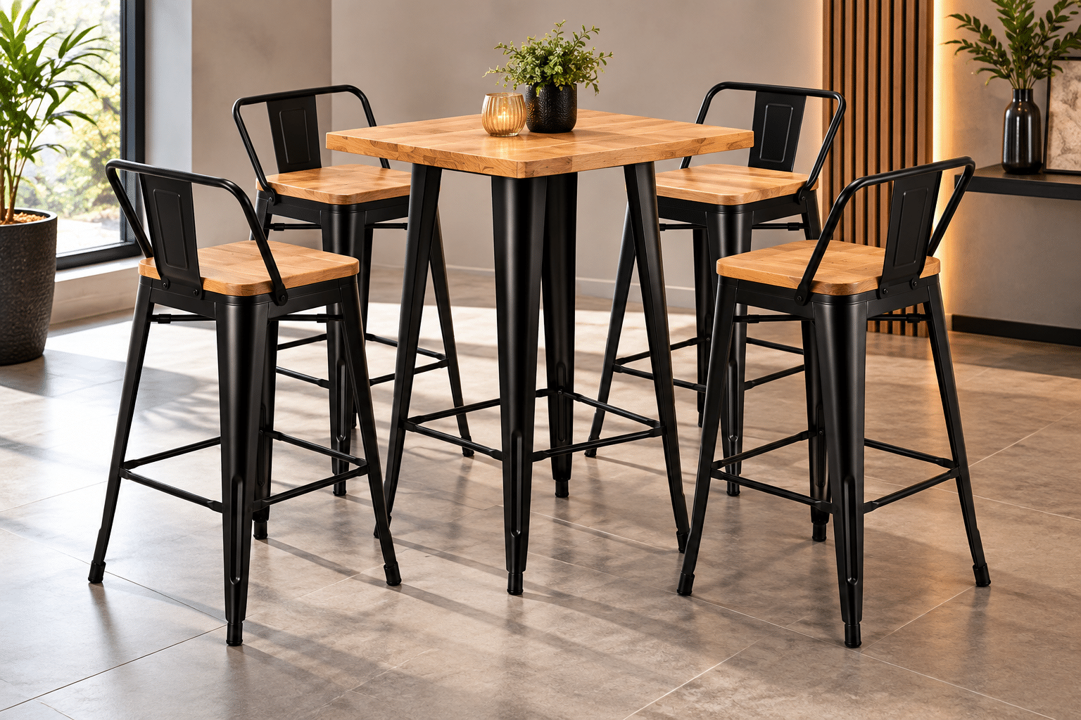 Kosmi Tabouret de Bar en métal Noir Mat Style Industriel avec Dossier et Assise en Bois Clair - Hauteur 66cm